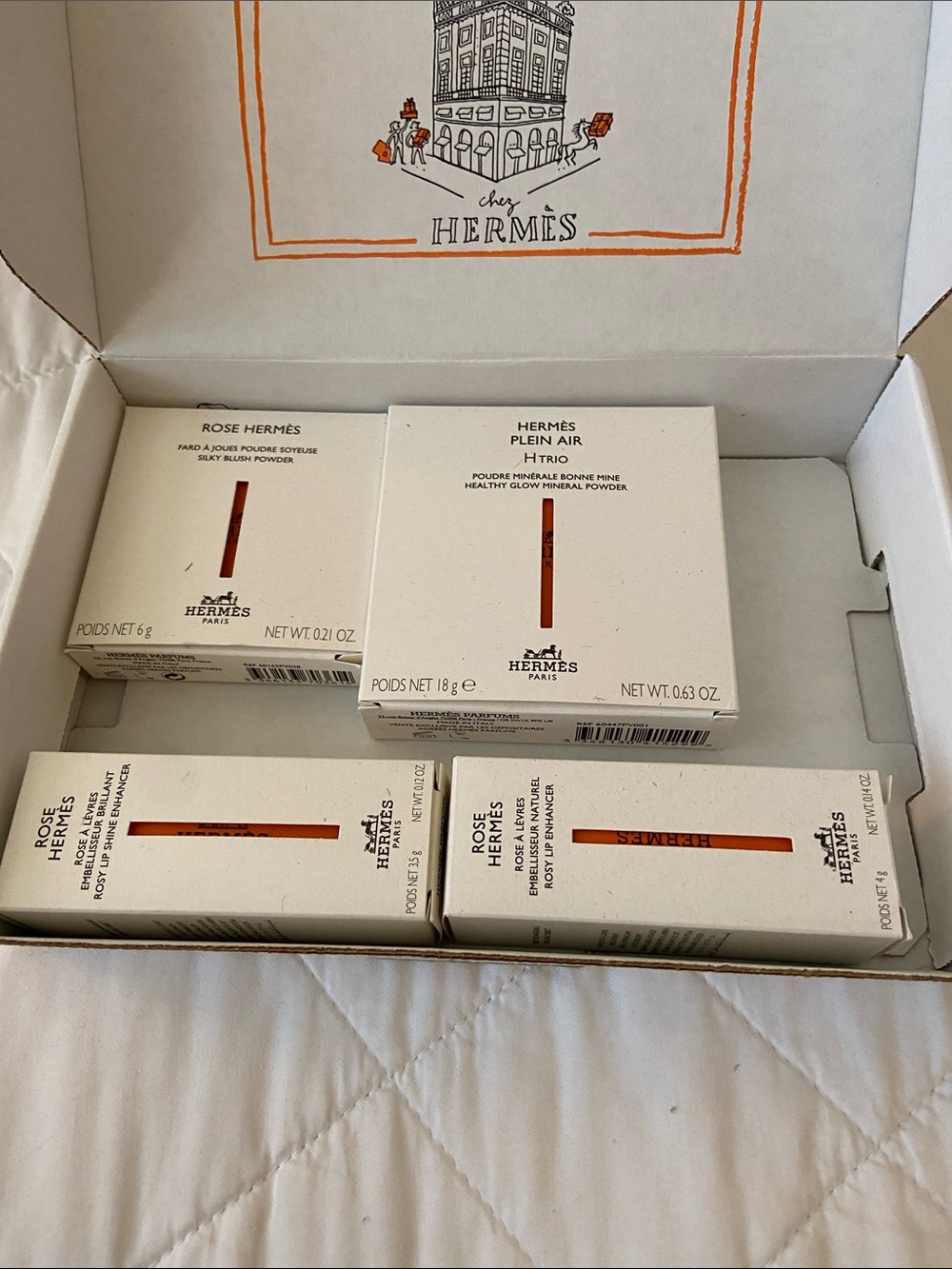 Hermès Branded Box with Orange Accent and 4 small Hermes empty cosmetic boxes
